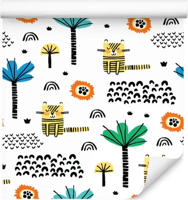 Obrázok produktu pre 10m VLIES WALLPAPER rolka škôlka chlapec mačky stromy koruny zvieratá XXL