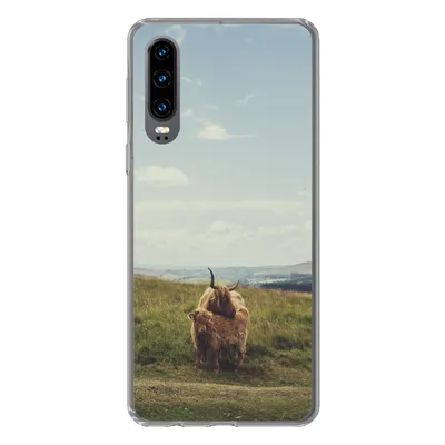 Produktbild von MuchoWow® Handyhülle Schutzhülle Hülle für Huawei P30 Schottische Highlander - Gras - Wolken - Tiere Silikon Softcase Handy Hülle - Kartenbesitzer
