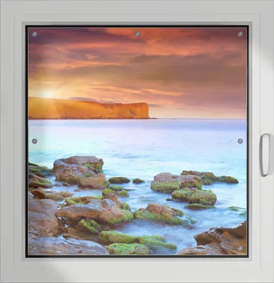 Produktbild von Wallario Lichtschutzbild, Dekorativer Sichtschutz Sonnenschutz 96 x 100 cm mit Motiv: Sonnenaufgang am Meer mit Landzunge und Felsen im Wasser - Verdunklung ohne Bohren