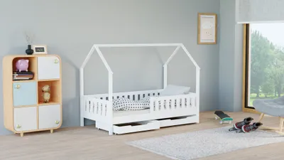Produktbild von Hausbett Mondi 180x80 Kinderbett mit Rausfallschutz & Lattenrost weiß 80 x 180 für Mädchen und Jungen Massivholz Kiefer mit Schubladen
