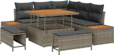 Immagine prodotto di vidaXL Set di divani da giardino con cuscini e contenitore 8 pezzi in polirattan grigio