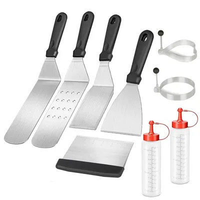 Produktbild von Intirilife 9-teiliges Grillbesteck Set aus Edelstahl - 2 Spatel, 2 Flaschen, 2 Eierringe, 1 Hamburger Wender, 1 Schaber und 1 Teigkarte BBQ Grillwerkzeug
