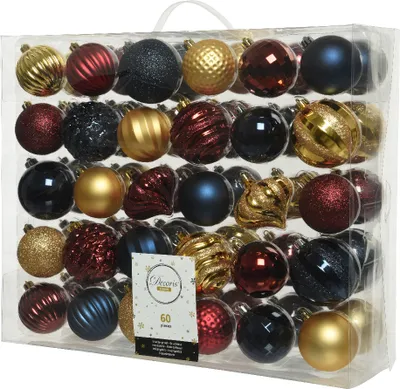 Produktbild von Weihnachtskugeln Kunststoff 6-7cm Ornamente 60er Set - Rot Gold Blau