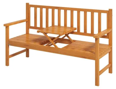 Image de Banc de jardin en bois avec table pliante - Banc d'extérieur | Couleur : Marron clair | Dimensions : 153 x 56 x 91 cm
