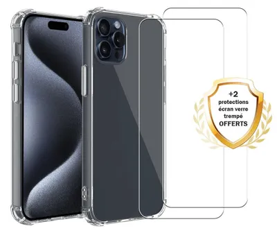 Produktbild von Stoßfeste Schutzhülle für iPhone 15 Pro Max, transparent + 2 Displayschutzfolien - EVETANE