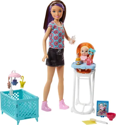 Produktbild von Barbie Skipper Babysitter Puppe (brünett), Spielset mit Baby-Puppe & Hochstuhl