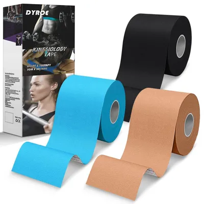Productafbeelding van Kinesiotapes, 5 cm x 5 m, sporttape, huidvriendelijk, waterbestendig, elastisch, blauw, zwart, huidskleur, set van 3