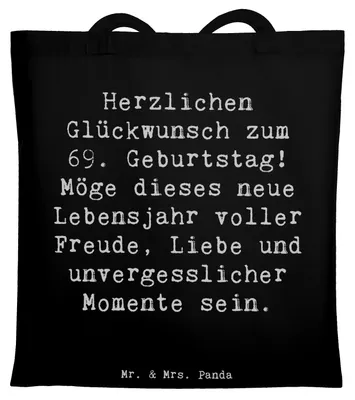 Produktbild von Mr. & Mrs. Panda Tote Bag Spruch 69. Geburtstag Glückwunsch - Schwarz - Geschenk, Tasche, Laptoptasche, Geburtstagsgeschenk, unvergessliche Momente, Freude, Jutebeutel