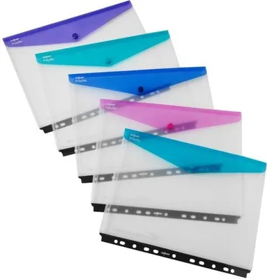 Produktbild von Dokumentenhüllen A4quer mit Abheftlochung und farbiger Klappe Packung mit 5 Stück