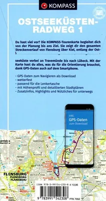 Obrázok produktu pre KOMPASS Cykloturistická mapa Pobrežie Baltského mora Cyklotrasa 1, z Flensburgu do Lübecku 1:50 000