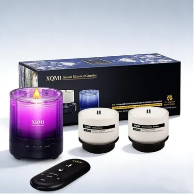 Immagine prodotto di Set regalo da 3 candele profumate intelligenti con telecomando, color lilla chiaro, realizzate con cera di soia, con una durata di combustione fino a 35 ore