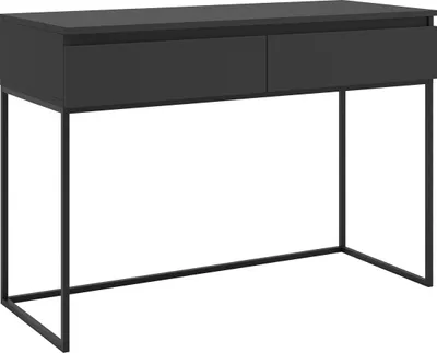 A black desk with two drawers and thin metal legs, shown against a white background.