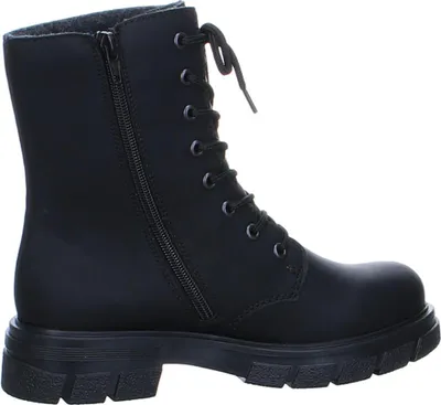 A black lace-up boot is shown from the side against a white background.