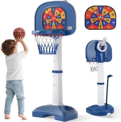 Image de Panier de basket pour enfants - Support de basket - Jeux 4 en 1 - Réglable en hauteur de 100 à 140 cm - Lancer d'anneaux - Jeu de balle velcro - Golf - Multicolore