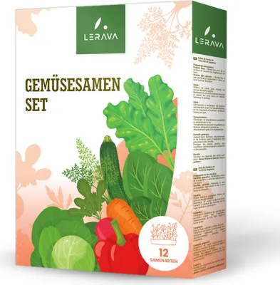 Produktbild von LERAVA® Gemüse-Saatgut-Set - [12 Sorten] - Rübe, Zucchini, Tomate, Baldrian, Karotte, Salat, Rettich, Kohl, Spinat, Zwiebel, Chicorée, Paprika