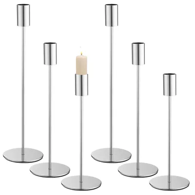Produktbild von Set aus 6 Kerzenständern aus Metall, Silberfarben – konische Halter, 3 Größen, Retro-Stil