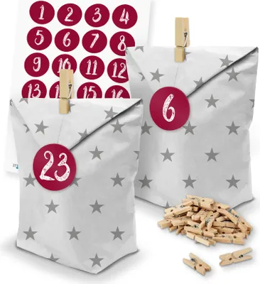 Produktbild von itenga SET Adventskalender 24 x Tüten Sterne + Klammern + Zahlensticker (Z49)