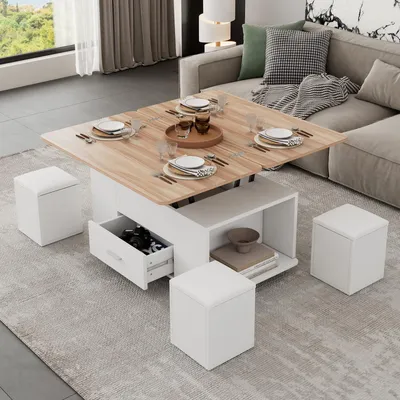 Zdjęcie produktu dla Stolik kawowy z regulowaną wysokością, wymiary 100x50x45 cm, wielofunkcyjny stolik do kanapy 4 w 1, który można przekształcić w stół jadalny z 4 stołkami, kolor biały i naturalny