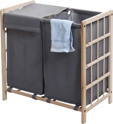 Produktbild von Wäschesammler HWC-B60, Laundry Wäschebox Wäschekorb, Massiv-Holz 2 Fächer 60x60x33cm 68l hellbraun, Bezug grau