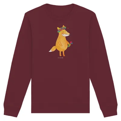 Produktbild von Mr. & Mrs. Panda Bio Baumwoll Pullover Fuchs Blumen Größe L - Burgundy - Geschenk, Freundin, Sweatshirt, Sweater, Blumenliebe, Boho, Pulli, Blume