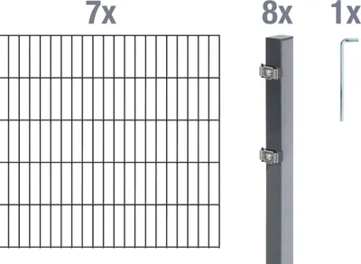Produktbild von Alberts Doppelstabmatten Zaun, Höhe 200 cm, Länge 14 m, Zaun-Komplettset zum Einbetonieren, anthrazit, Pfosten 60x40 mm