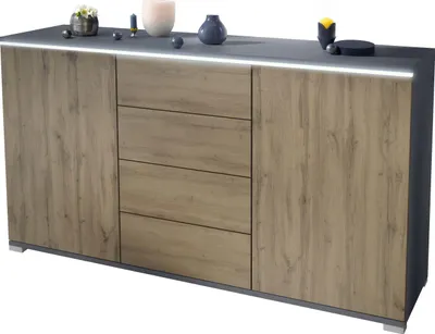 Produktbild von Vladon Sideboard Faro V1 - Kommode mit 2 Türen & 4 Schubladen, Schrank mit LED Lichtleiste, Anthrazit matt / Eiche Evoke (138,5 x 75,5 x 35)