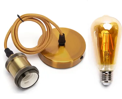 Produktbild von E27 Vintage Lampenfassung mit kabel Metall Nostalgie Retro inkl. LED Leuchtmittel Gold