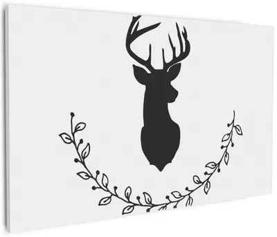 Produktbild von Wallario Premium Leinwandbild Schwarze Hirsch Silhouette mit Zweigen - schwarz weiß in Größe 60 x 90 cm
