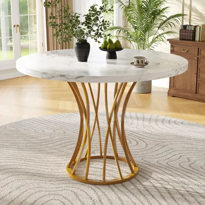 Obrázek produktu pro Kulatý jídelní stůl, rozměry 80 x 80 x 76 cm, kuchyňský stůl pro 4–6 osob, jídelní stůl, deska z MDF s vzhledem mramoru, zlaté kovové nohy, nastavitelné nožičky
