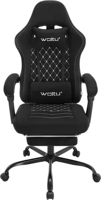A black gaming chair is shown from the front.