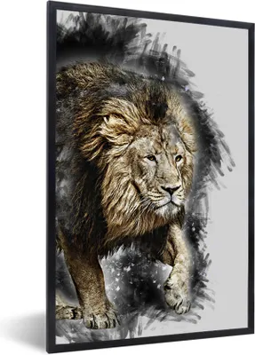 Produktbild von MuchoWow® MuchoWow® Gerahmtes Poster Illustration - Löwe - Schwarz 60x90 cm - Poster mit zchwarzem Bilderrahmen - Kunst