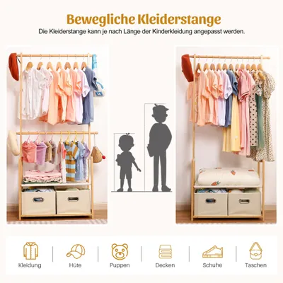 Produktbild von Kinder Kleiderständer aus Bambus, 2 verstellbare Stangen, mit Ablage, für Kinderzimmer