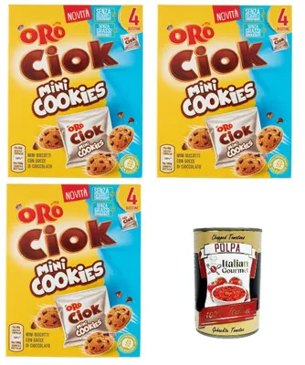 Produktbild von Oro Saiwa- Oro Ciock MiniCoockies Mini-Schokoladenkekse 3x 160gr + Italian Gourmet polpa 400g