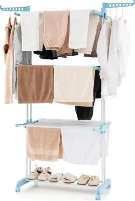 Produktbild von GOPLUS 4-stufiger Wäscheständer, klappbarer Wäschetrockner mit 2 Kleiderbügelhaltern, 3 ausziehbaren Ablagen, 1 Schuhregal (Blau(Blaue Räder))
