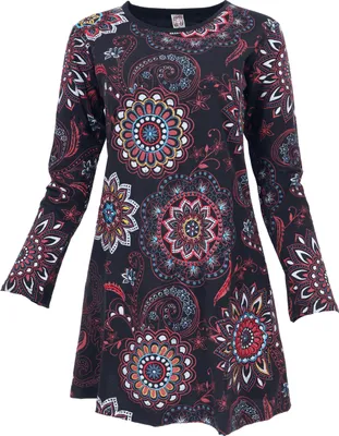 Produktbild von Besticktes Boho Chic Minikleid, Tunika mit Farbenfrohen Blüten - Schwarz/rot, Damen, Baumwolle, Größe: L