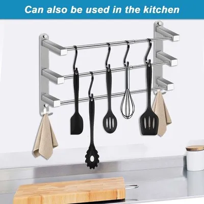 Productafbeelding van Ibenzoa® Uittrekbare handdoekhouder van roestvrij staal SUS304 – 3 verstelbare stangen + haken, 43–75 cm, voor wandmontage (met schroeven of met lijm)
