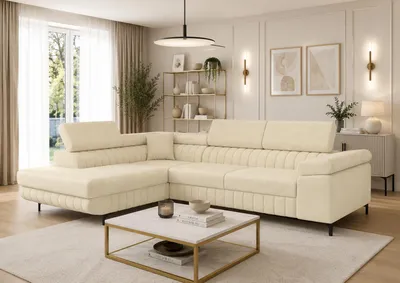 Produktbild von Letano Milano Ecksofa mit Schlaffunktion und Bettkasten, Wohnlandschaft L-Form, Couch Velours fleckgeschützt, MONOLITH 04, Beige
