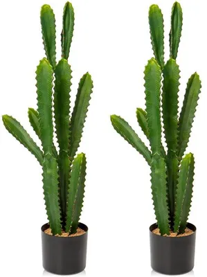 Zdjęcie produktu dla Zestaw sztucznych kaktusów zawierający 2 duże rośliny w doniczkach z terakoty, 82 cm, Euphorbia Accruensis, do salonu, biura i na zewnątrz, jako dekoracja wnętrz i terenów zielonych.