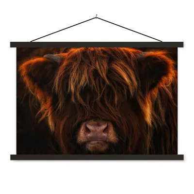 Produktbild von MuchoWow® Textilposter Schottischer Highlander - Kuh - Schwarz - Porträt 60x40 cm mit schwarzem Rahmen - Hölzernes