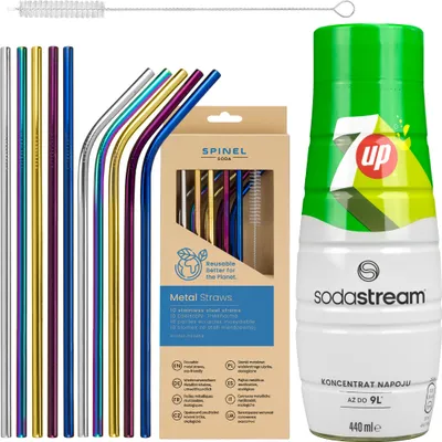 Productafbeelding van Sirup voor Sodastream, smaak: 7UP, 440 ml + 10 stuks herbruikbare metalen rietjes
