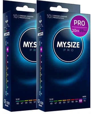 Zdjęcie produktu dla 20 sztuk prezerwatyw MY.SIZE PRO 69 mm ELITE, rozmiar XXXXL, wykonane z lateksu Vytex o wysokim stopniu czystości, dzięki czemu są praktycznie bezwonne; bardzo łatwe do otwarcia i rozwinięcia