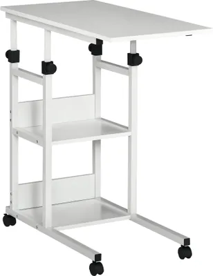 A white adjustable side table with two shelves and wheels, shown against a white background.