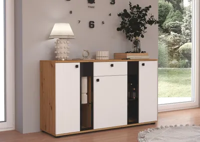 Produktbild von Kommode Salsa 2 Lamellenoptik Anbauwand Wohnwand Sideboard MDF Weiss + Artisan