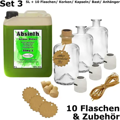 Produktbild von Absinth Die Grüne Witwe 5L + 10 Flaschen, Korken, Kapseln, Bast & Anhänger 55%Vol Mit max. Thujon 35mg
