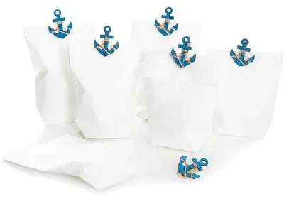 Produktbild von Set: 12 Stück Papiertüten weiß 14 x 22 x 5,6 cm Tüten für Gäste und Kunden + 12 blaue maritime Schiffs-ANKER Deko-Klammern Zierklammern Wäscheklammern Fischklammern 5,5 x 4,5 cm give-away