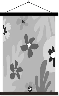 Produktbild von MuchoWow® Textilposter Hintergrund - Blumen - Schwarz - Weiß 60x90 cm mit schwarzem Rahmen - Poster Wohnzimmer
