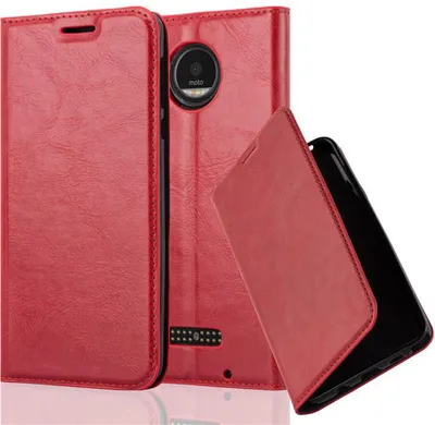 A red leather flip case for a Motorola phone is shown, with the phone partially inserted.