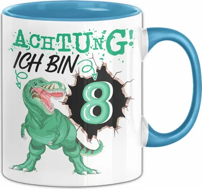Produktbild von 8. Geburtstag Geschenk Tasse Becher Jungs Sohn T-Rex Geburtstagsgeschenk Dinosaurier Achtung Ich bin 8 (Blau)