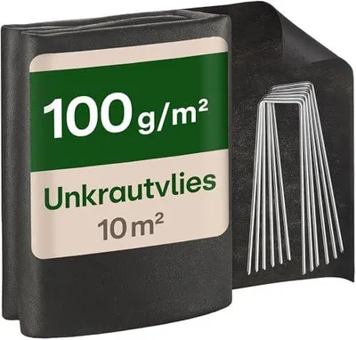 Immagine prodotto di Praknu telo antierbaccia 100 g/m² con 8 picchetti - 10 m² (2x5 m) - Telo antierbaccia resistente agli strappi e permeabile all'acqua per giardini, aiuole rialzate e terrazze