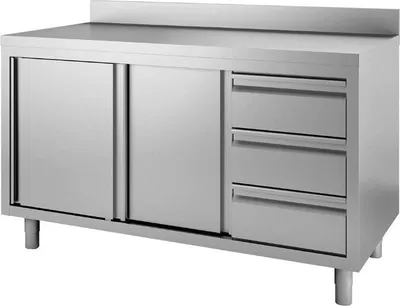 Produktbild von Gastro M Arbeitsschrank mit 3 Schubladen Türen und Aufkantung 1400x700x850mm